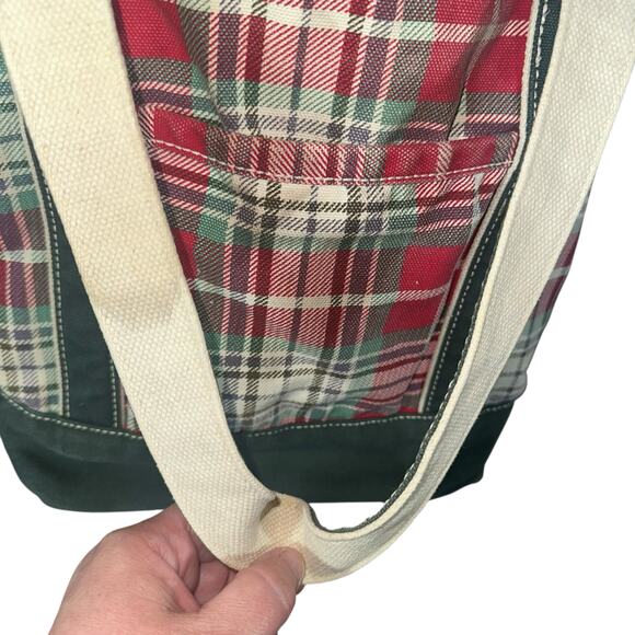 Lands’ End Plaid Canvas Tote Bag Red Green White Holiday Carryall - Picture 8 of 14